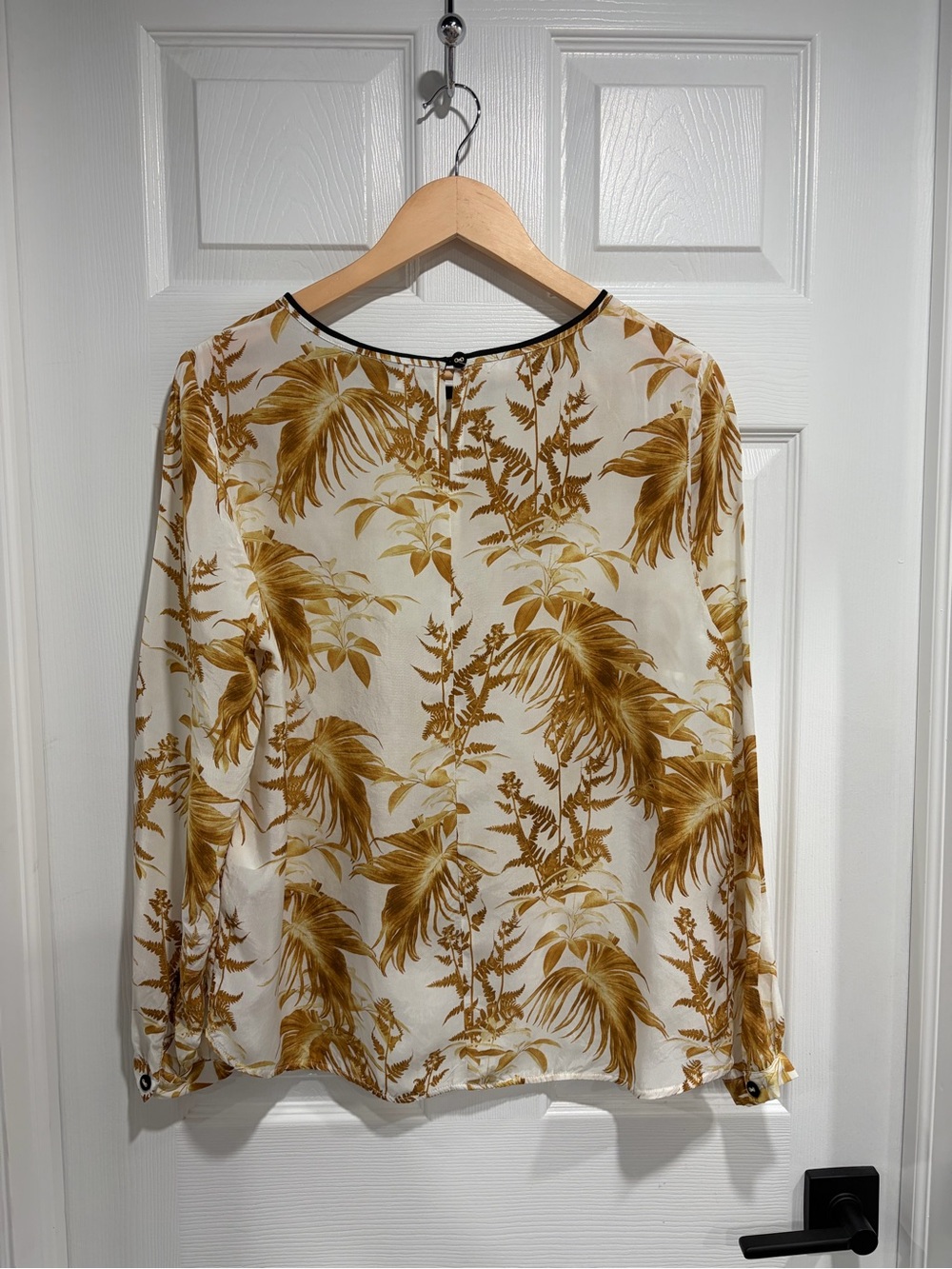 Mos Mosh Leaf Print Long-Sleeve Blouse Black Trim Button-Cuff Cupro - Picture 6 of 11